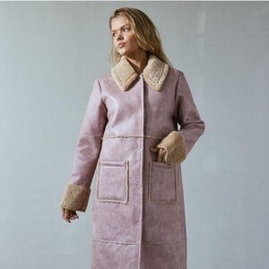 Pink Faux Fur Trim Longline Coat – Size S